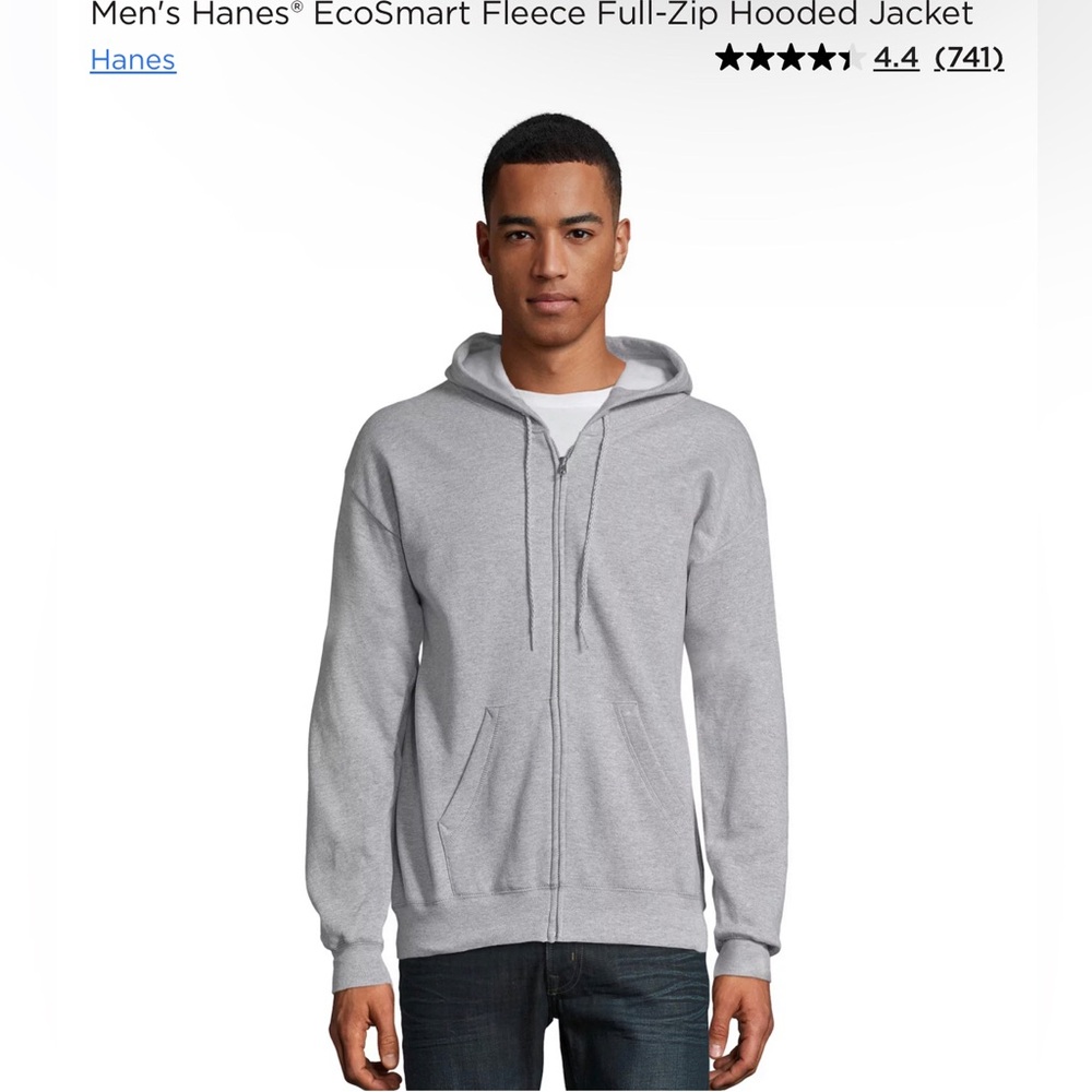 Hanes Men’s Medium Grey EcoSmart Fleece Zip-up Hoodie Jacket NEW